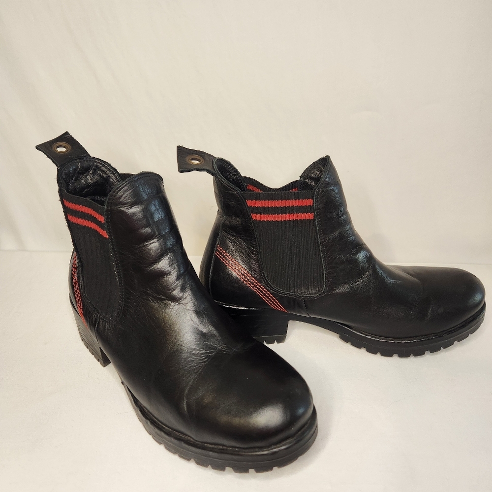 Bueno Black Leather Chelsea Ankle Boots with Red Stripes